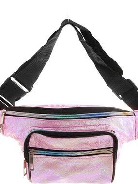 Fashion Collection Pink Iridescent Mini Fanny Pack Pebbled Faux Leather
